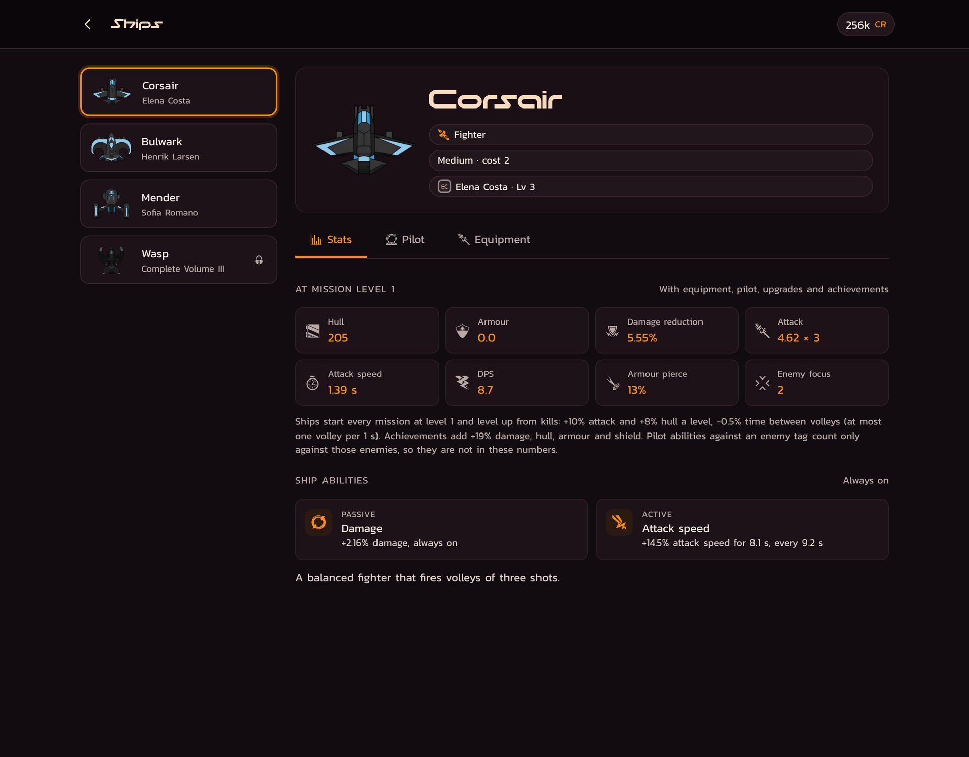 The ship stats screen
