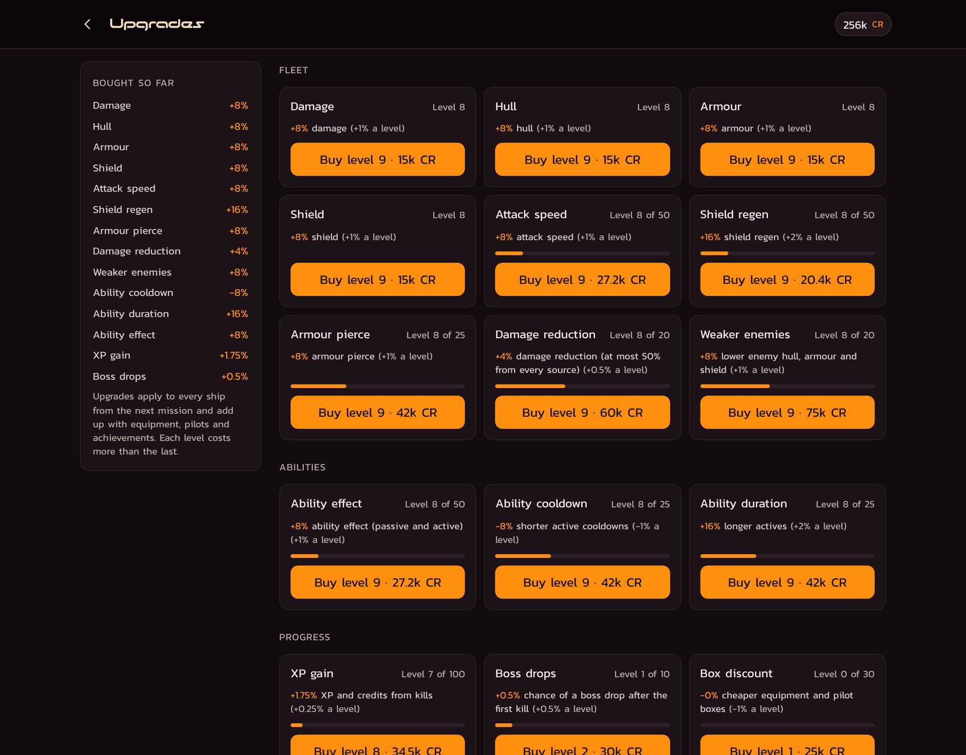 Upgrades bought with credits